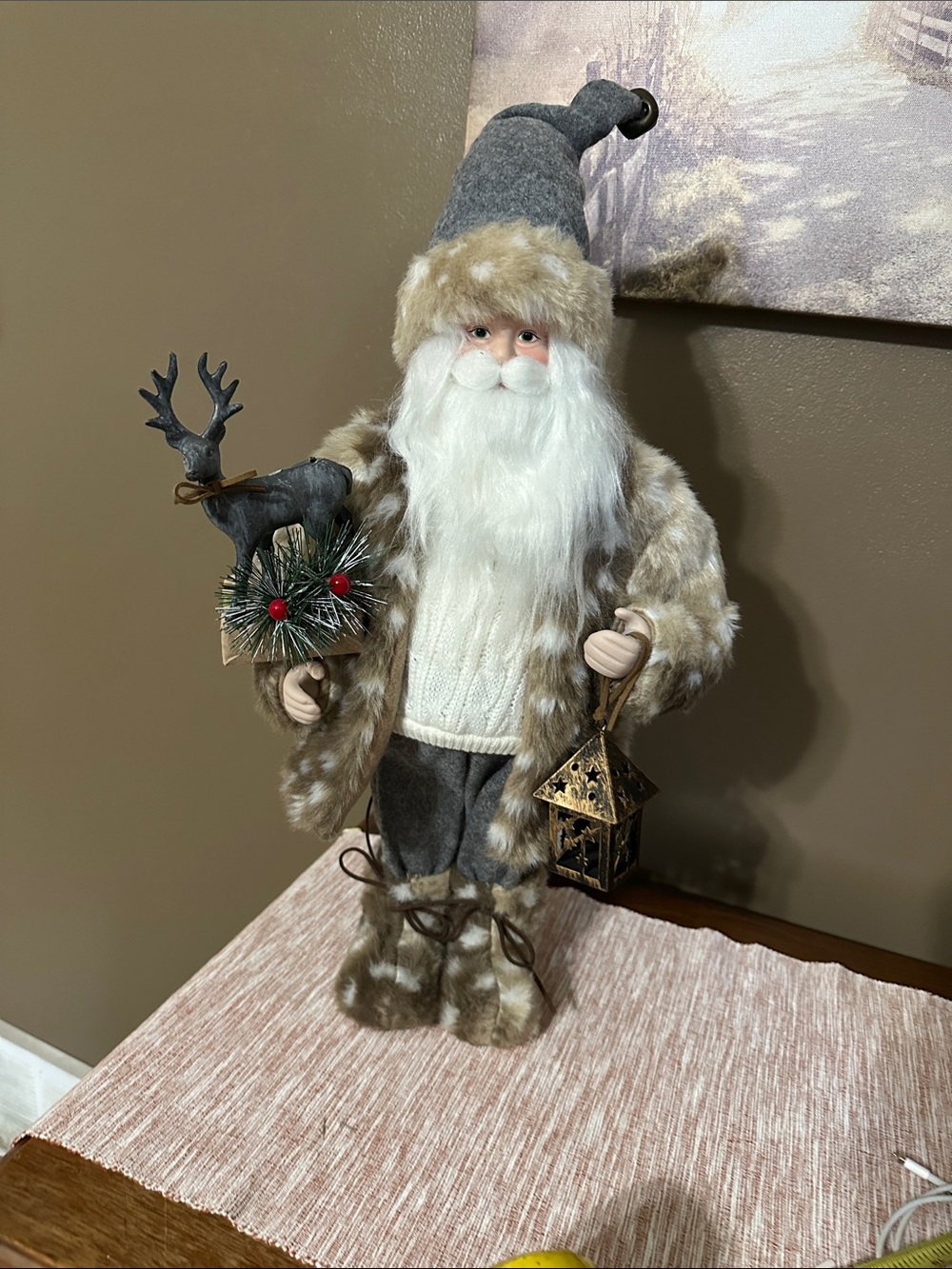 Faux Fur Gray Santa Holiday Figurine with Lantern